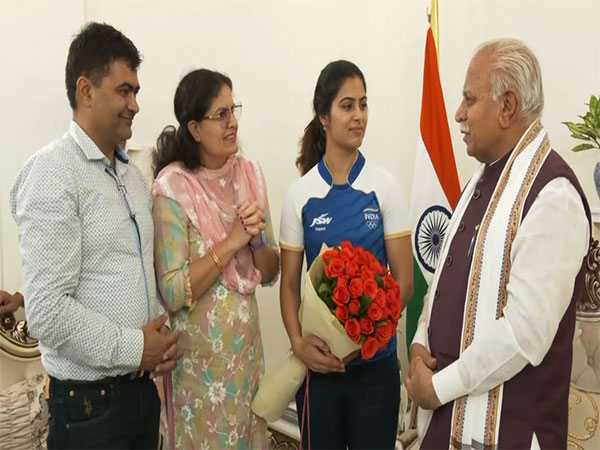 Former Haryana CM Manohar Lal Khattar felicitates shooter Manu Bhaker for historic double bronze at Paris Olympics